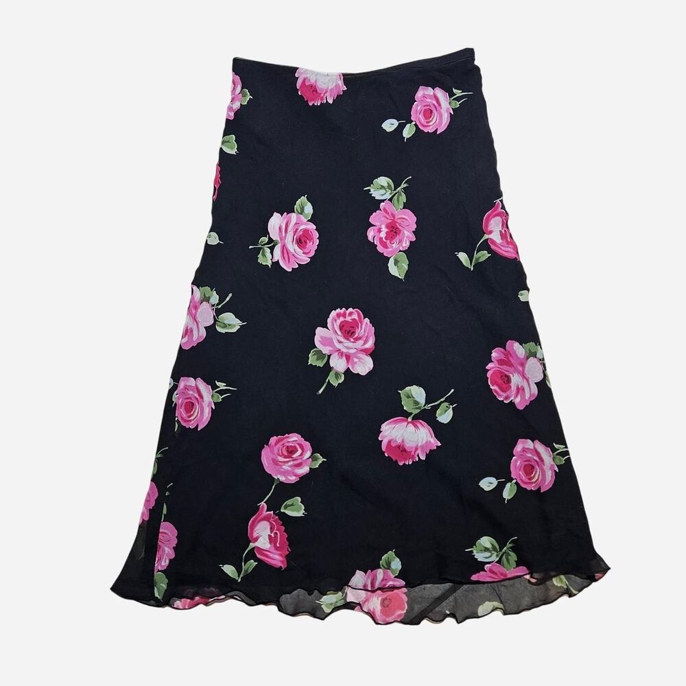 90s cottagecore whimsigoth black pink roses silk midi skirt